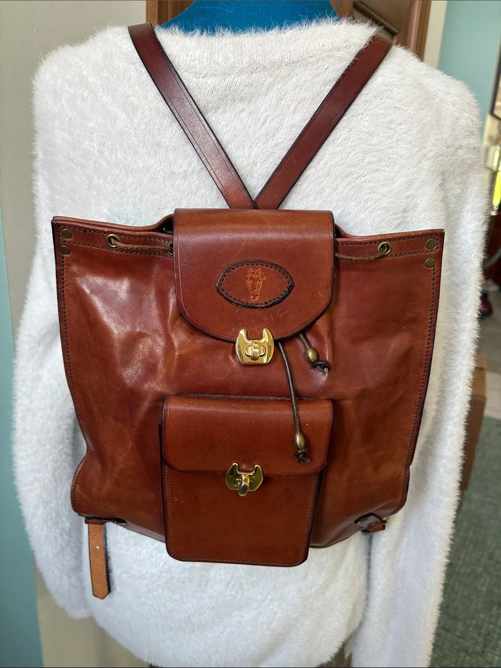 Namsce Bazar San Gimignano  Italian Leather backpack/Horse logo Brown/Gold turnl